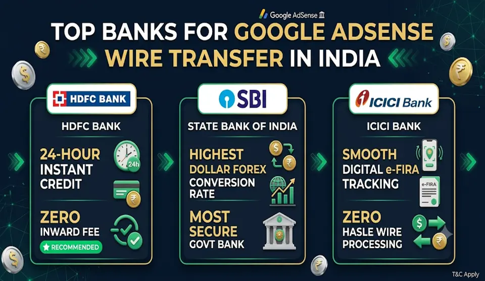 Which bank is best to receive Adsense payments in India?